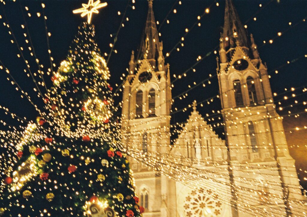 In questa foto i protagonisti sono un albero natalizio con le sue lucine colorate e una chiesa tutta illuminata per la notte.